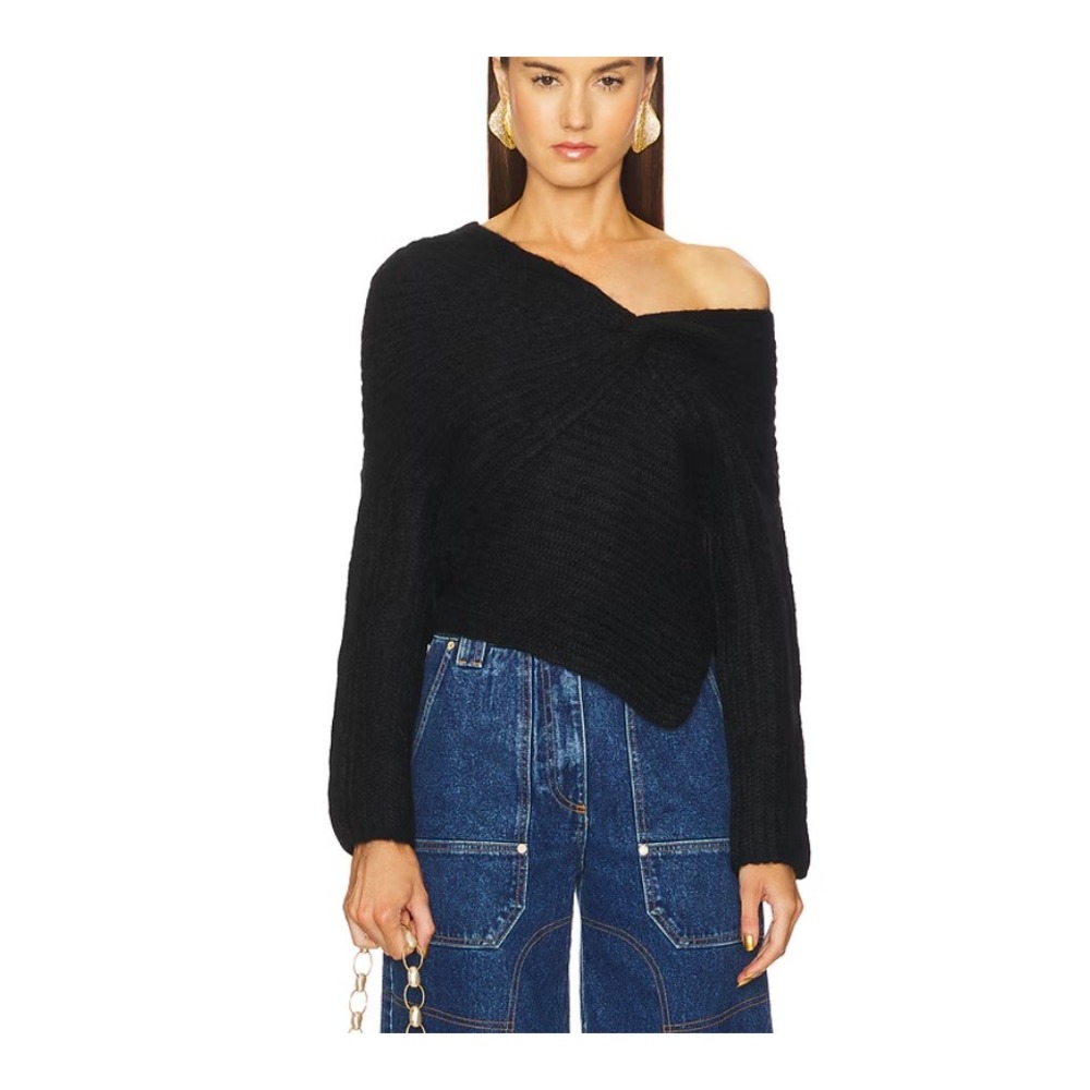 Cult Gaia Lea Alpaca Wool Knit Top Off Shoulder Asymmetric Black Large